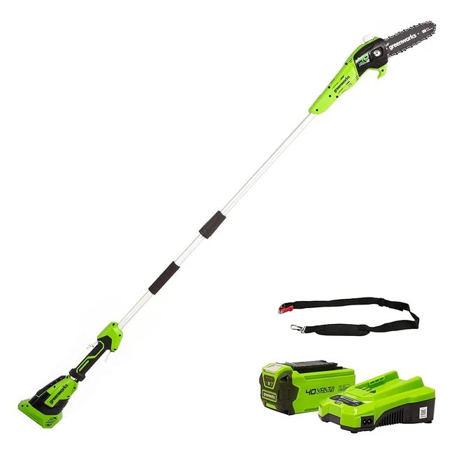 Greenworks G40PSFK2 Akku-Hochentaster 20cm Blattlänge, 8m/s Kettengeschwindigkeit, 364kg, automatisches Ölsystem, 80ml Tank, 258m Stangenreichweite, 40V 2Ah Akku, Ladegerät, 3 Jahre Garantie