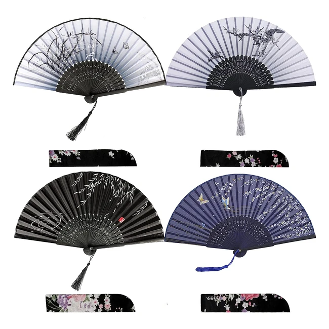 Eventail Izoel mariage japonais pliant bois tissus - Lot de 4 avec pochettes