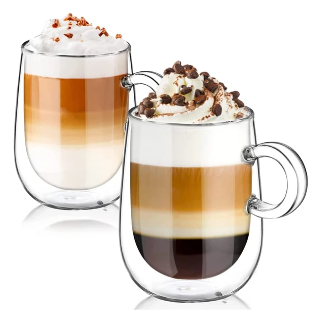 Glastal Double Walled Coffee Glasses - 2x360ml - Heat Resistant Borosilicate Glass - Perfect for Coffee, Tea, Milk, Juice, and More