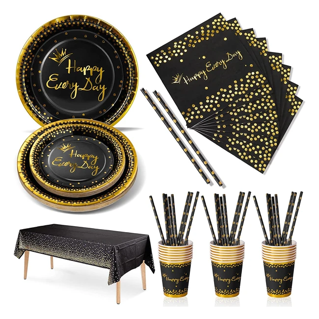 Black Gold Party Tableware Set - 126 Pieces for 25 Guests - Birthday Wedding S