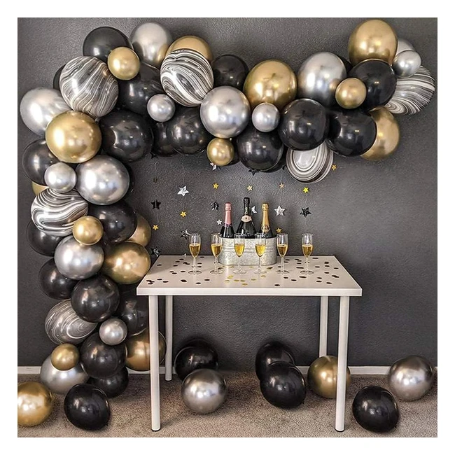 Black Gold Balloon Arch Kit for Memorable Parties - 30 Matte Black, 10 Agate Black, 15 Silver, 15 Chrome Gold, and 10 Chrome Silver Balloons