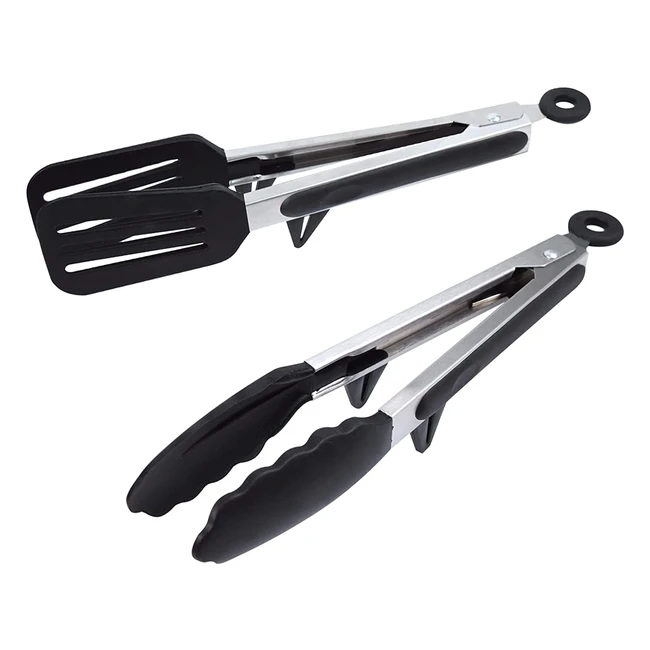 9-Inch Silicone Spatula Tong with Resting Gadget - Nonstick Stainless Steel Basi