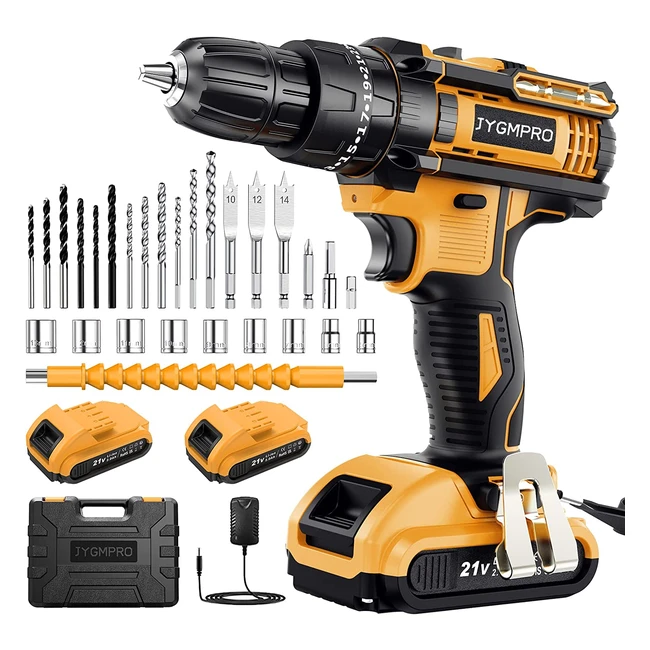 JYGMPro Akkuschrauber 21V Bohrschrauber mit 2 Akkus 2,0Ah, 42Nm, 2 Gang, LED-Licht, 30tlg. Zubehörset für Haus und Garten DIY-Projekt