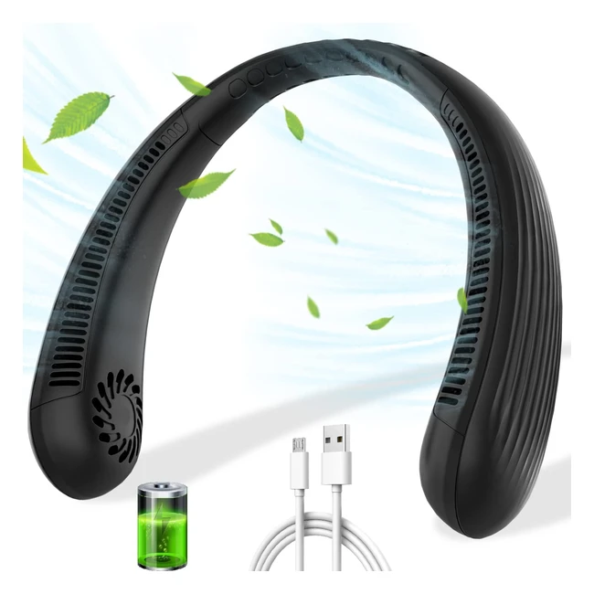 Portable Neck Fan - Bladeless, Hands-Free, USB Rechargeable, 360 Cooling, 3 Speeds, Personal Headphone Design - Black