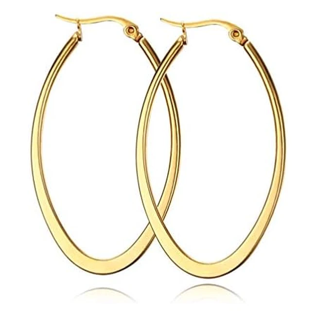 Orecchini a Cerchio in Acciaio Inossidabile Hikaro Oro Sottili e Piatti Grandi Ovali