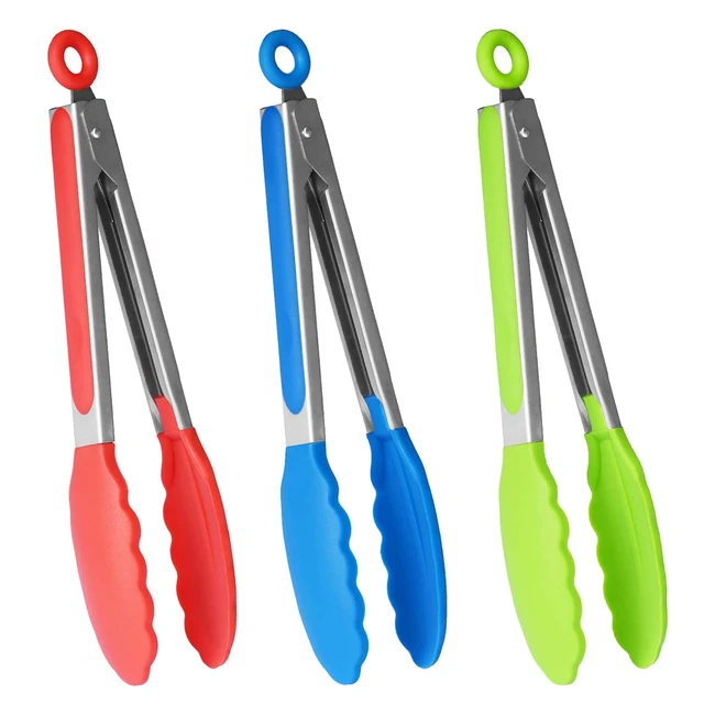 Hinmay Kitchen Silicone Tongs Set of 3 - Stainless Steel, Non-Stick, Heat Resistant - Red Blue Green