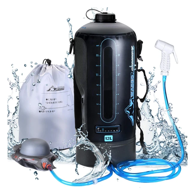 Wadeo Solar Shower Bag - Portable Pressure Shower with Foot Pump, 12L Capacity, Ideal for Travel, Hiking and Summer Bathing