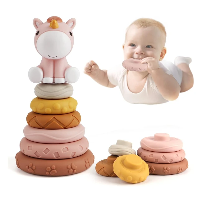 Edulike 7 Pcs Stacking & Teething Baby Toys with Horse Figure - Early Educational Christmas Gift for 6-18 Months Baby Boys & Girls