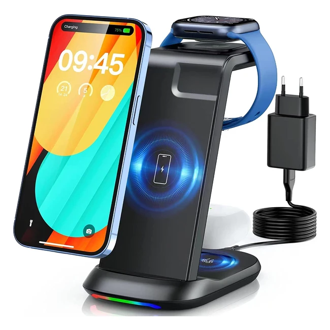 3-in-1 Wireless Charging Station for iPhone, Samsung, iWatch and AirPods - Fast Charging Stand (UK Plug)