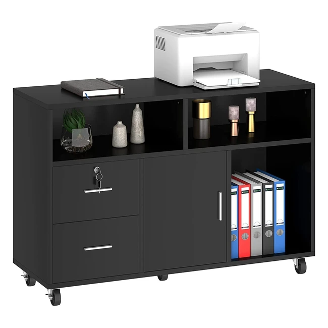 Classeur en bois latéral mobile Yitahome - 2 tiroirs avec serrure et étagères ouvertes pour rangement d'imprimante et de documents