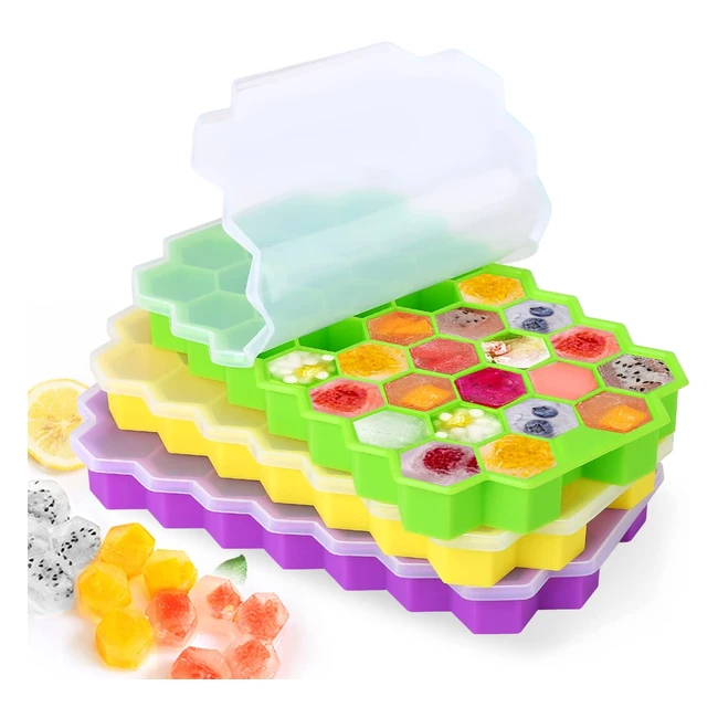Vojopi Silicone Ice Cube Tray - 3 Pack, 37 Hexagonal Ice Cubes Each, Stackable Lids, Easy Release, Keep Drinks Cool