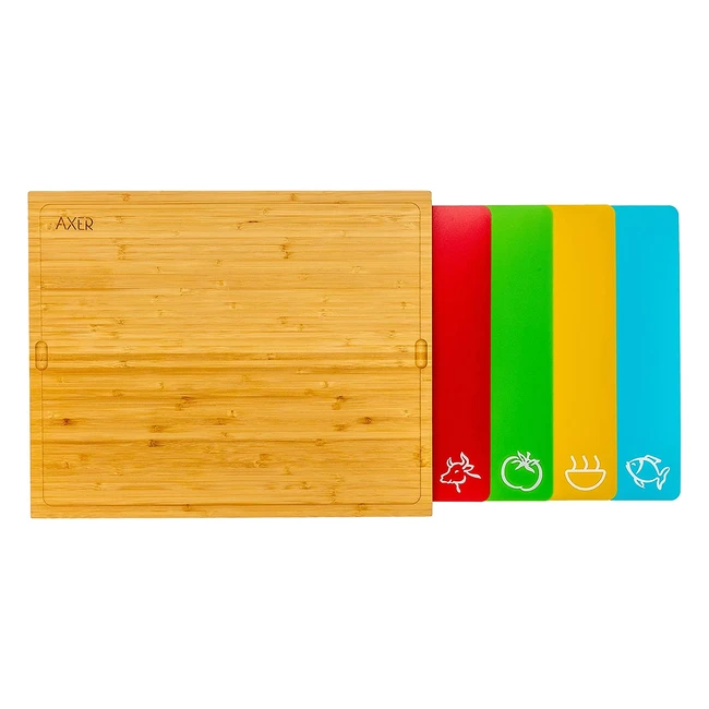 AXER Bambusschneidebrettset mit farbcodierten Schneidematten und lebensmittelsicheren Symbolen