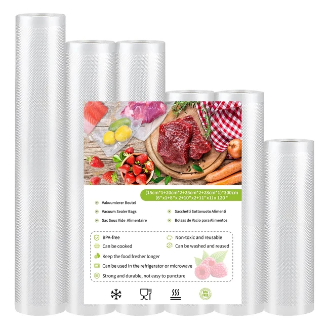 Sacs sous vide alimentaire pour cuisson - 6 rouleaux 152x202x2528 x300cm - Conservation des aliments sans BPA - Compatible avec tout appareil de mise sous vide