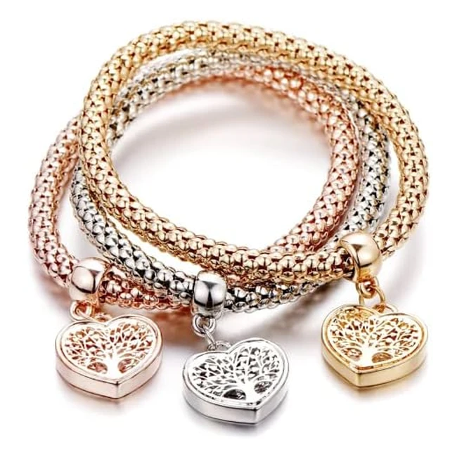Braccialetto donna 3 pezzi con charm albero della vita, elastico, in acciaio inossidabile placcato oro rosa e argento