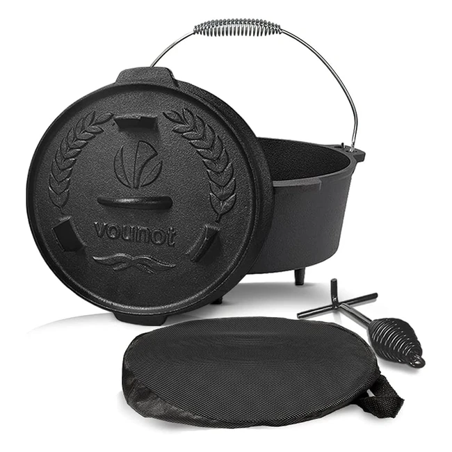 Vounot Preseasoned Cast Iron Dutch Oven - 4.25L with Carry Bag, Lid Lifter, Spiral Handle, and Thermometer Slot for Camping, Cooking, Baking