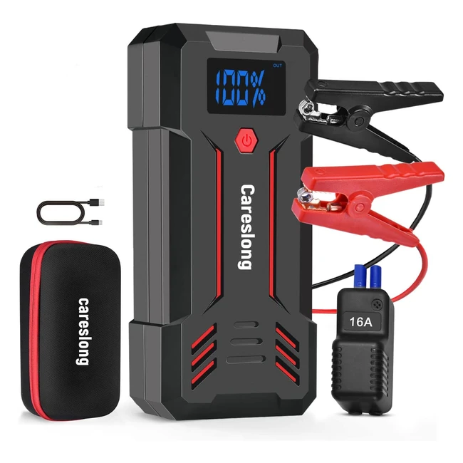 Arrancador de coches CARESLONG 24000mAh 2000A para gasolina y diesel de hasta 7L, QC3.0, Tipo C - Negro