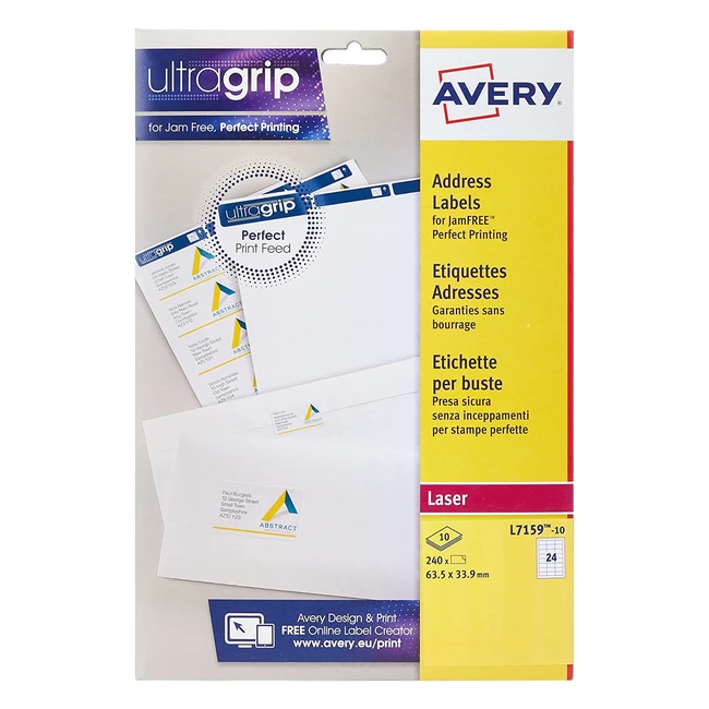Étiquettes d'adresse Avery LaserJet UltraGrip, 24 par feuille A4, L7159