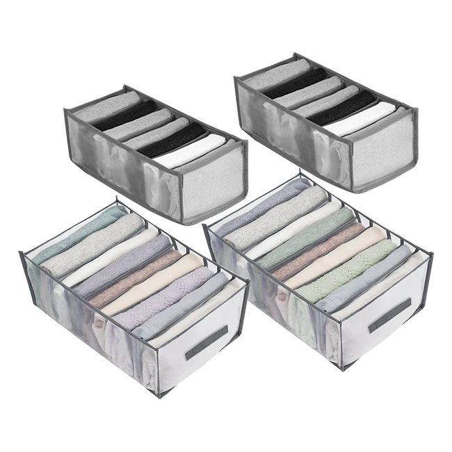Lot de 4 boîtes de rangement pliables en maille pour garderobe - Grises avec 7, 7, 9 et 9 compartiments