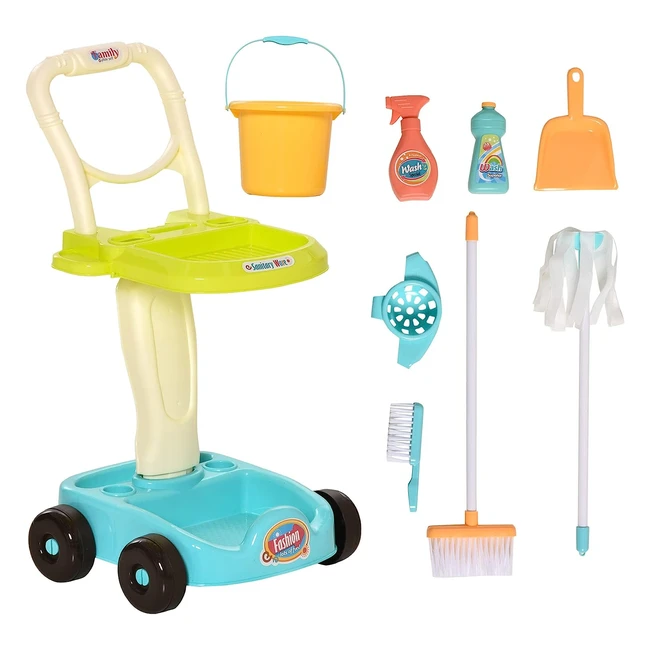 Homcom Reinigungswagen mit Zubehör - 17-teiliges Reinigungsset für Kinder - Besen, Mopp, Kehrblech - PP-Kunststoff - Grün/Blau/Weiß - 30x29x55cm