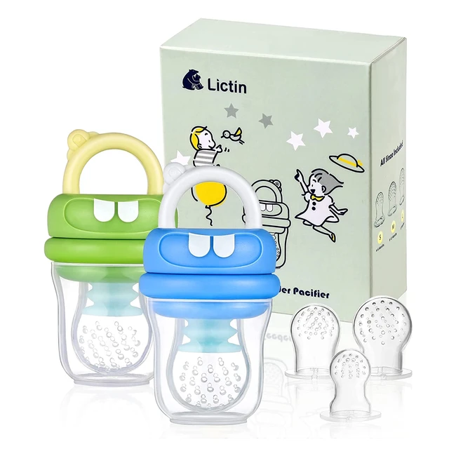 Chupete de fruta Lictin para bebé - Alimentador antiahogo - 6 tetinas de silicona - 3 tamaños - Sin BPA - Azul/Verde