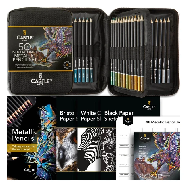 Castle Art Supplies 48 Metallic Coloured Pencils Set - Quality Wax Cores with Shimmering Shades for Professional Artists