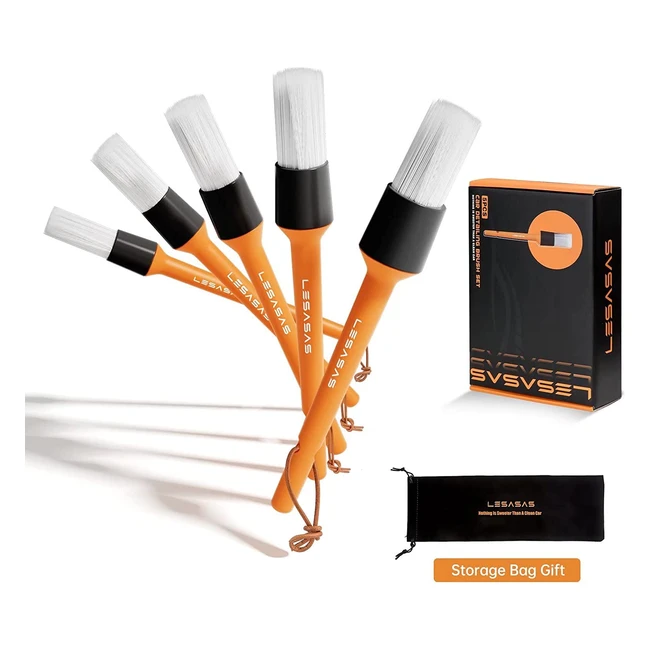 Lesasas Car Detailing Brushes - 5 Pcs Orange Kit for Cleaning Wheels, Emblems, Leather, Air Vents, Interior and Exterior