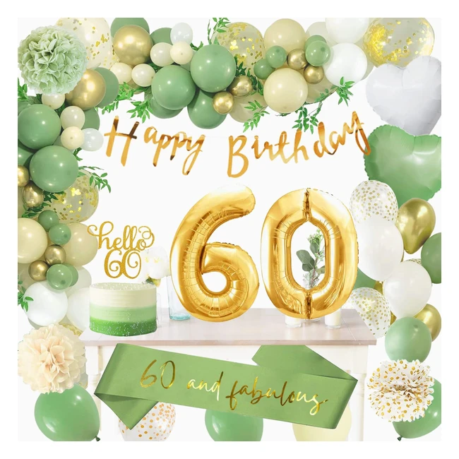 Décoration anniversaire 60 ans vert et or - Kit de fête complet avec ballons, guirlande, bannière et pompons en papier