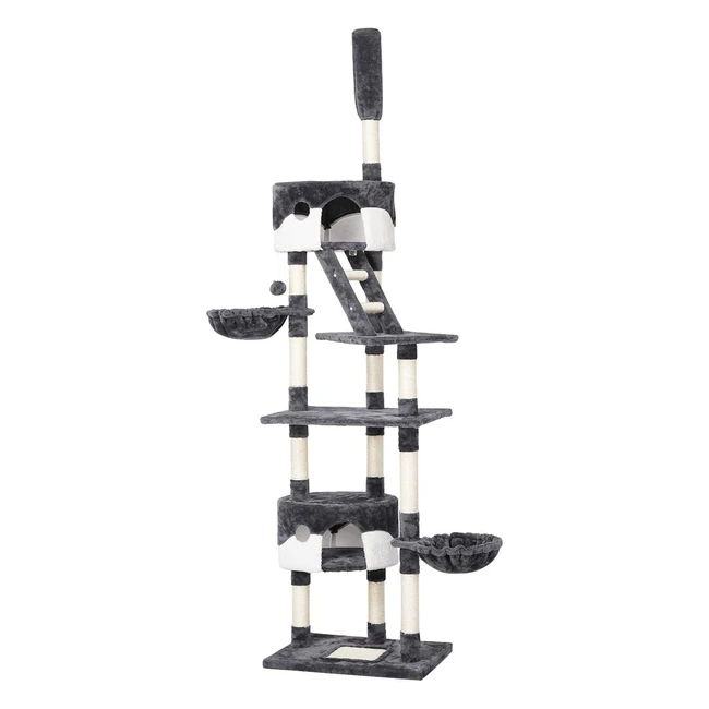 Yaheetech Kratzbaum XXL mit 2 Katzenhöhlen, Korb und höhenverstellbaren Sisalstämmen - 228-255cm, Grau/Weiß