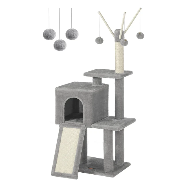 FEANDREA Cat Tree Tower PCT143W01 - Scratching Ramp, Comfy Cave, Multi-Level Fun for Indoor Cats & Kittens