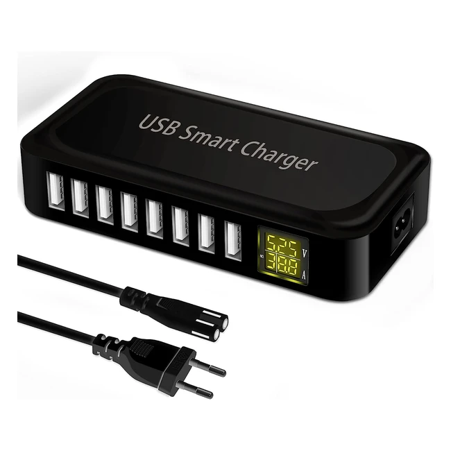 Chargeur USB Ziwodiv 8 ports - Station de charge intelligente pour iPhone, Samsung, iPad et tablettes - Écran LED - Chargeur secteur multi-usb