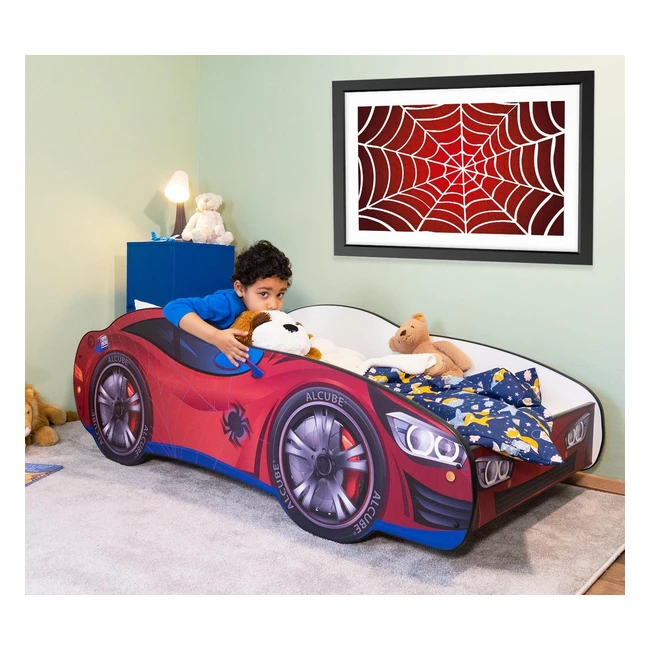Alcube Spider Car Bed 80x160cm mit Lattenrost und Matratze, MDF-beschichtet mit Motivfolie, Kinderbett 160x80cm für kleine Spiderman, rot