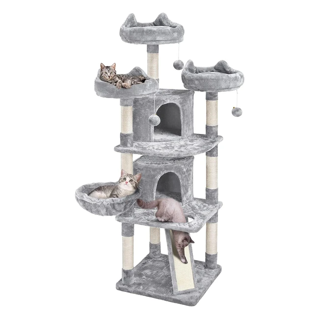 Kratzbaum für Katzen 174cm - Yaheetech - Kletterbaum mit 3 Aussichtsplattformen, Spielhaus und kuscheligem Plüsch - Hellgrau