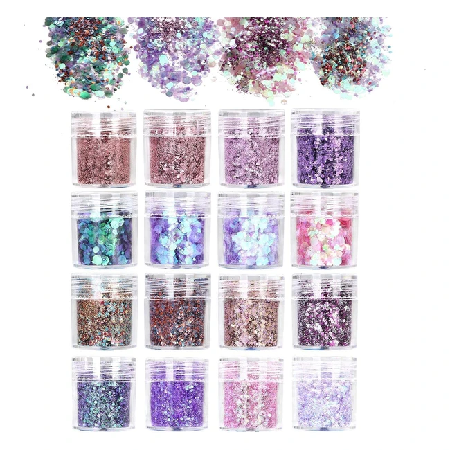 Brillo de 16 colores URAQT para maquillaje y decoración con purpurina chunky y paillettes brillantes
