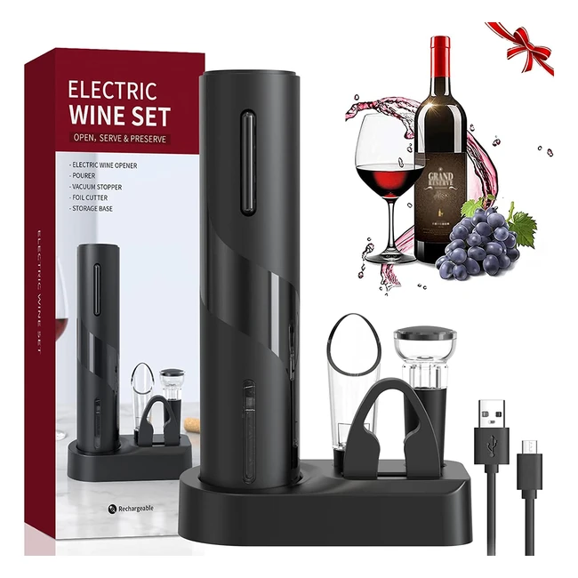 Cavatappi elettrico 6 in 1 con base, taglierina, versatore, tappo in silicone per vuoto e ricarica USB - QSmyuye