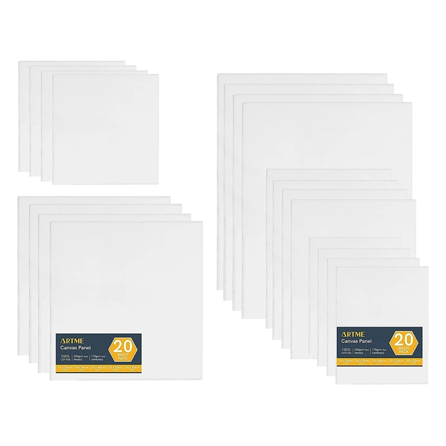 Artme Canvas Panels - 20pcs 5 Sizes 100 Cotton Triple Primed Medium Grain 