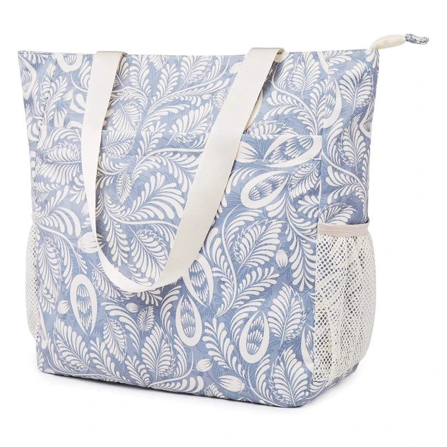 WANDF Floral Beach Tote - Water-resistant Shoulder Bag for Yoga, Travel & Shopping - Blue Leaf