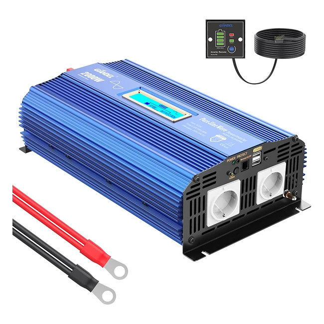 Inverter Giandel 2000W Onda Sinusoidale Pura DC 12V a AC 220V/230V con Telecomando LCD Display e 2 Prese AC e 2 Porte USB