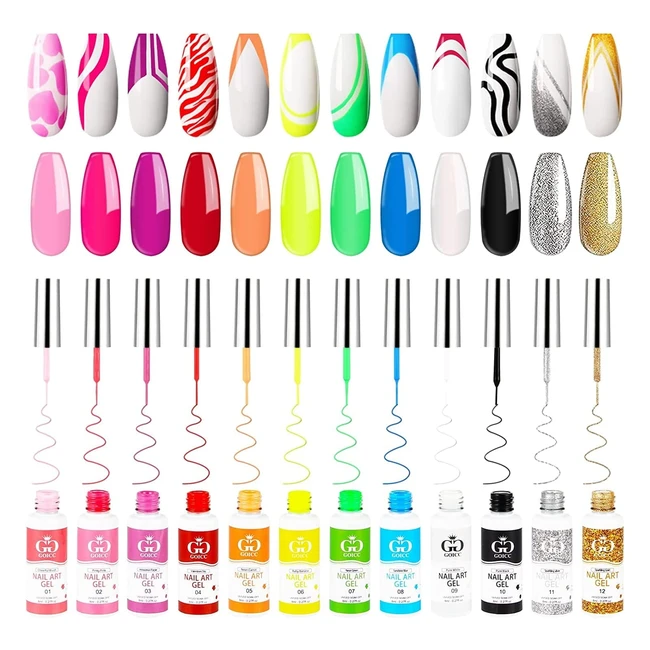 Ensemble de Vernis Ongles Gel Liner Kit Dart Dongles - 12 Couleurs Noir Blanc Paillettes Argent - Gel Vernis Ongles avec Pinceau Fin - Réf. 123456