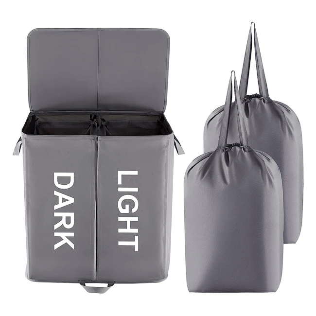 Panier à linge double Lifewit 135L avec couvercle et sacs amovibles pour tri facile - Gris