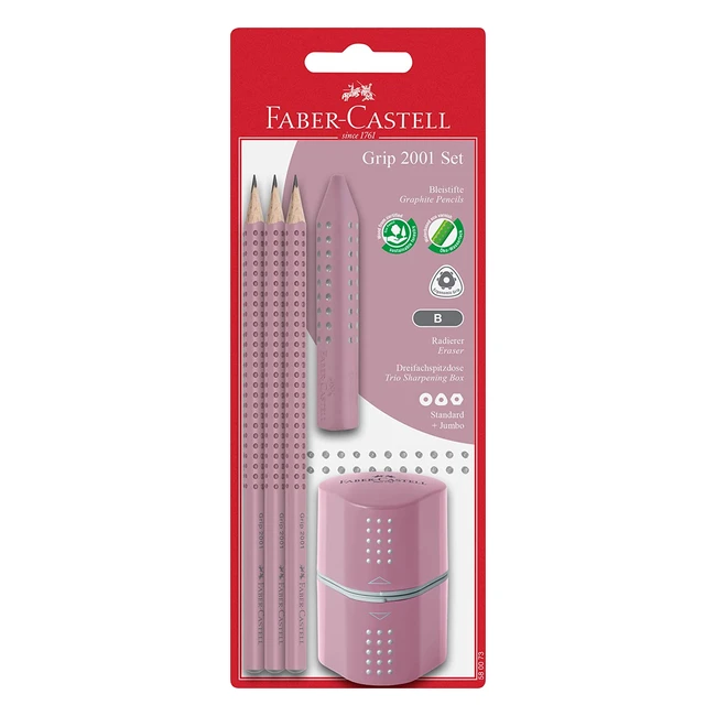Set matite Grip 2001 Faber-Castell, 3 matite durezza B con gomma e temperino - Rose Shadows 580073