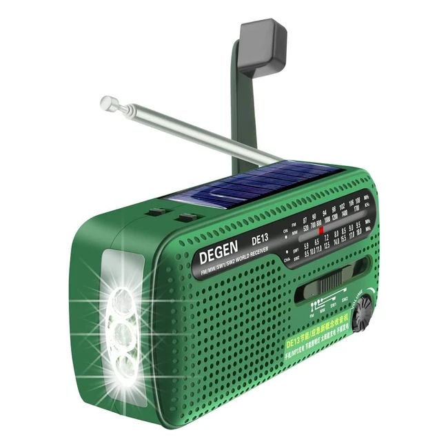 DEGEN DE13 Kurbelradio - Tragbares Solar Radio mit LED Dynamo Lampe Powerbank u