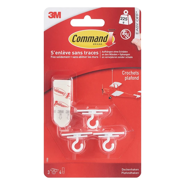 Command PVC Ceiling Hook 17008C - Holds up to 225g - 3 Hooks & 4 Strips