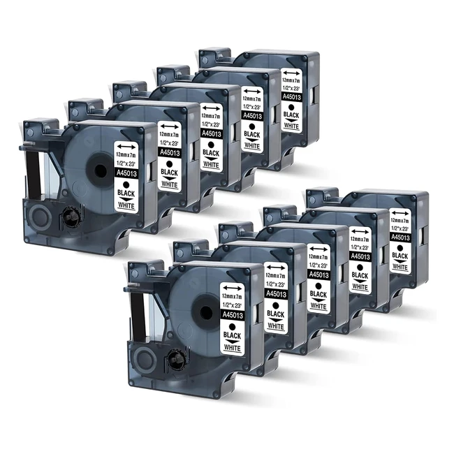 Oozmas Compatible Dymo D1 Label Tape - Black on White - 12mm x 7m - 10 Pack