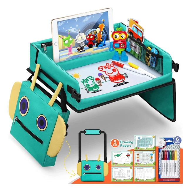 JouJou Kids Travel Tray - 2-in-1 Play Tray with Robot Backpack, Erasable Drawing Surface, 6 Color Pens, and 5 Educational Papers - Perfect for Car, Stroller, and Airplane - Green