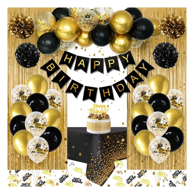 Black Gold Balloons Birthday Party Decorations - Happy Birthday Banner, Paper Pompom, Foil Tablecloth, Curtain - 1st 18th 21st 30th 40th 50th