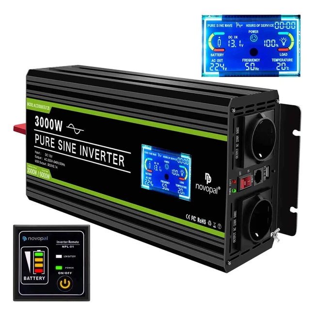 Convertisseur Pur Sinus Novopal 3000W 12V 220V 230V avec Télécommande et Écran LCD - Voiture, Caravane, Bateau, Camping