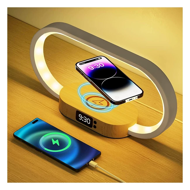 Wireless Charging Bedside Lamp - Touch Control LED Table Lamp - 5 Color Temperatures - Wooden Nightstand Lamp
