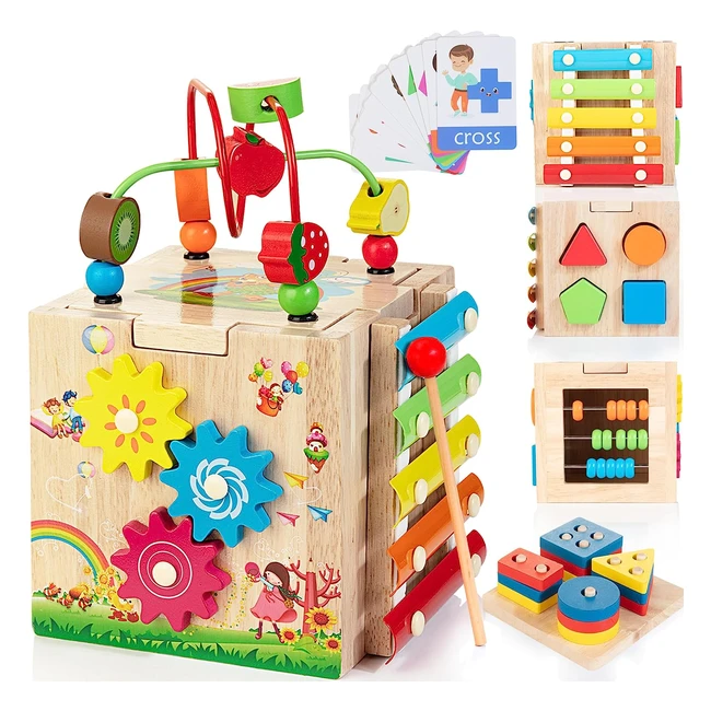 8in1 Montessori Wooden Activity Cube for 12m Toddlers - Baby Toy Set with Bonus Sorting Stacking Board