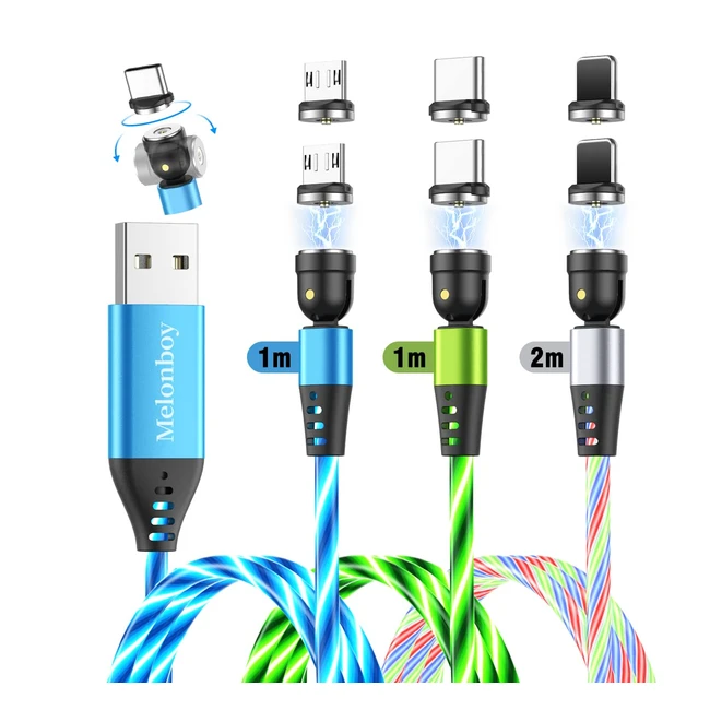 Lot de 3 câbles magnétiques Melonboy LED fluide 1m1, m1m2, power 540 USB-C aimant chargeur magnétique pour téléphone portable multicolore