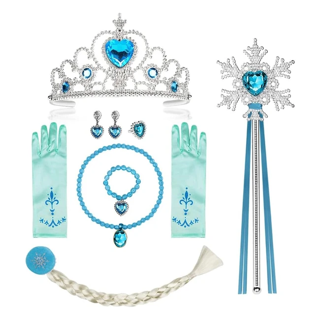 Set 10 pezzi per vestire la principessa Elsa - corona, bacchetta, guanti, treccia, collana e bracciale in cristallo blu